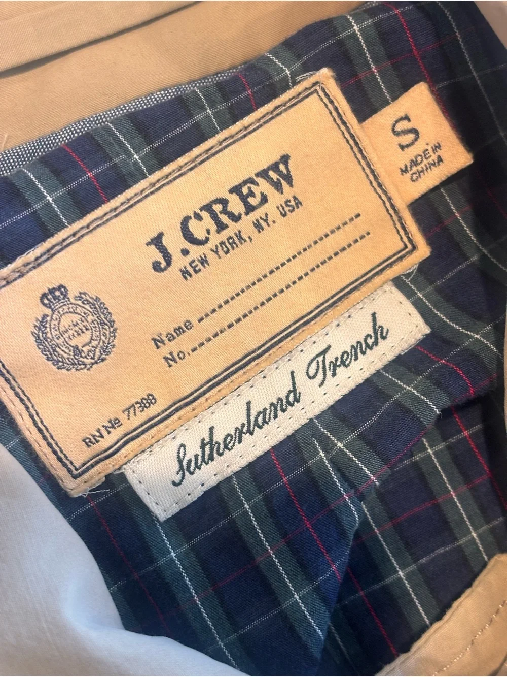 J. CREW Y2K 2008 Tan Sutherland Trench Coat with Classic Collar Size Small‎